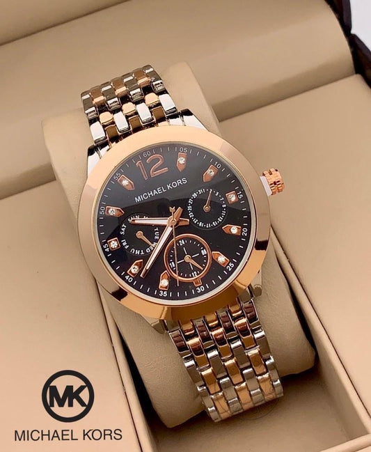 Black Dial Women's Mk-952 Watch For Girl Or Woman Chronograph Multi Dial Gold Silver Day Date