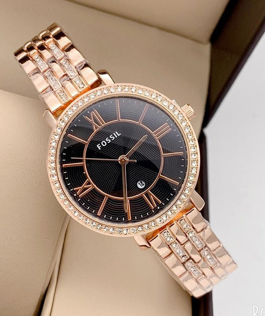 Rose Gold Metal Diamond Case&Strap Watch For Women's ES-6834 Design For Girl Or Woman Black Dial Best Gift Date Watch