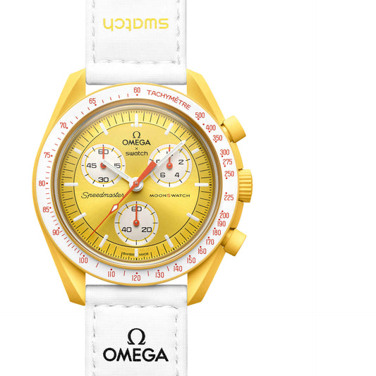 Omega Premium Quality extremely rare, and highly attractive prototype stainless steel With White Color Spacesuit-ready Velcro Strap Yellow Color Dial Chronograph Moon Wristwatch- MISSION TO SUN OG-Y-1030