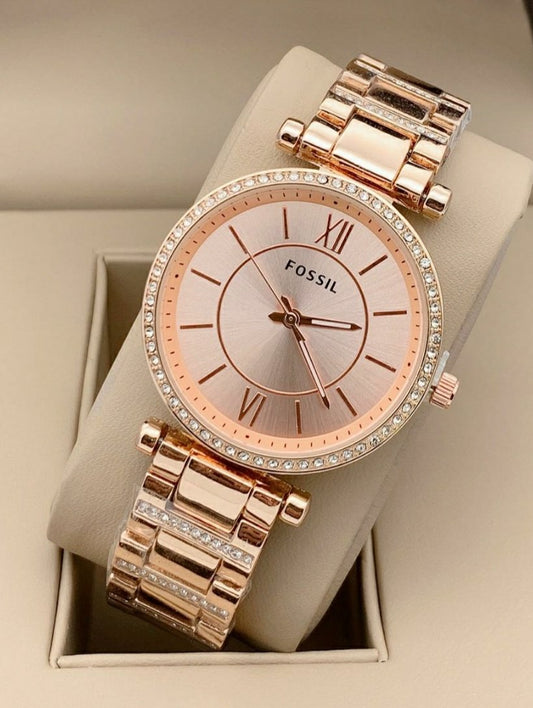 Rose Gold Metal Diamond Case&Strap Watch For Women's Es8030 Design Rose Gold Dial For Girl Or Woman Best Gift Date Watch
