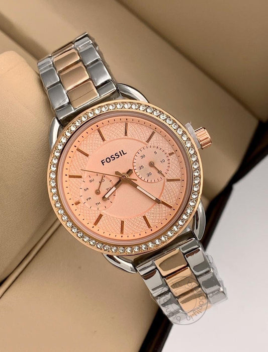 Rose Gold Silver Women's Watch For Girl Or Woman Es-532 Two Tone Peach Dial- Best Gift For Women