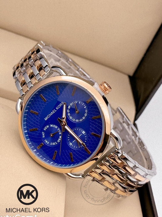 Blue Dial Women's MK-818 Watch for Girl or Woman Chronograph Multi Dial Gold Silver Day Date