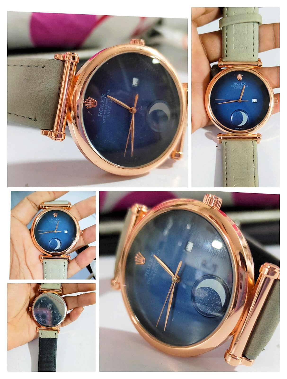 Blue Leather Half Moon Watch For Women's Casual New Trending Style Watch Blue Dial With Rose Gold Meta Date And Grey Color Belt Women's Watch_ Best Gift Watch RLX-2-44