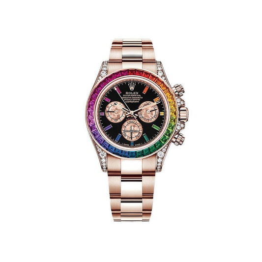 RLX Rainbow Chronograph Daytona Black Dial Rose Gold Strap Stainless Steel Men's Watch - Best Gift RLX-136503