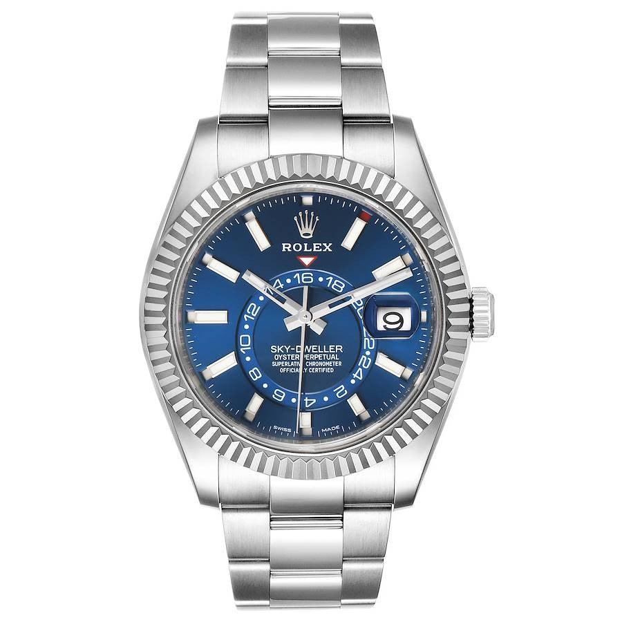 Rolex The Oyster Perpetual Sky-Dweller in White Rolesor with a bright blue dial and an Oyster bracelet. RLX Sky-Dweller RLX-DWELLER