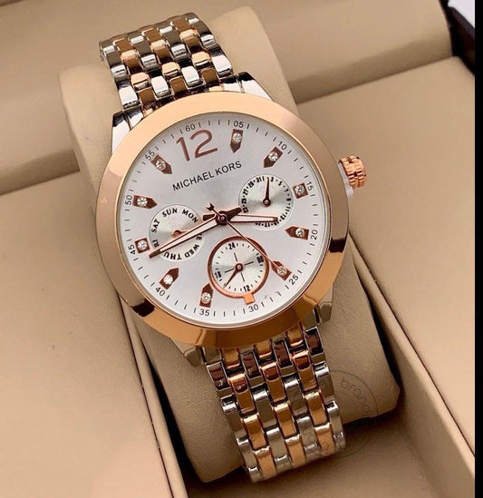 White Dial Women's Mk-851 Watch For Girl Or Woman Chronograph Multi Dial Gold Silver Day Date