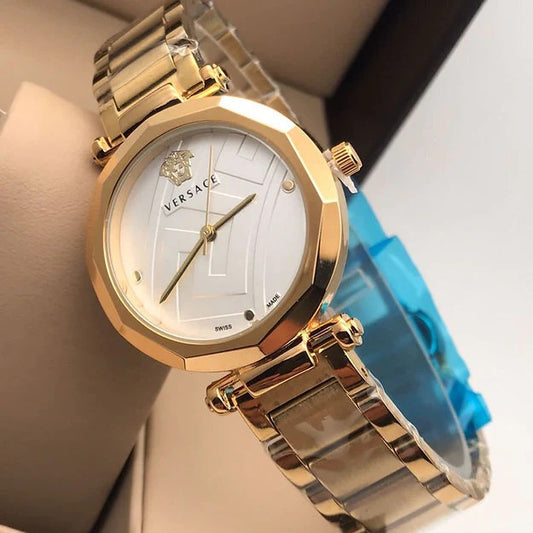 Branded Golden Color Strap New Stylish Women's Watch For Women And Girls White Dial Stainless Steel Watch VER-4689