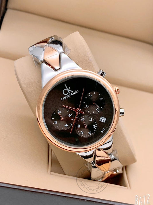 Multi Color Women's Chronographs Date Watch For Girl or Woman CK-12 Black Dial Metal Strap- Gift