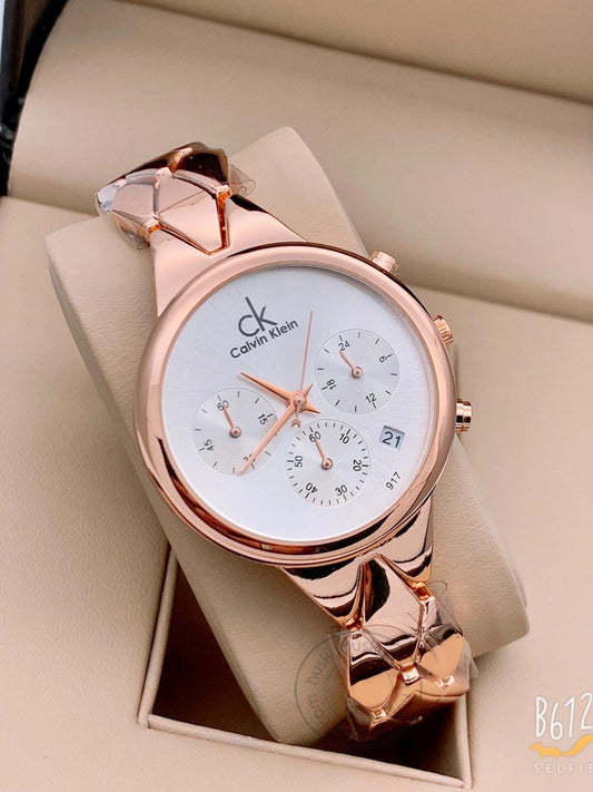 Rose Gold Women's Chronographs Date Watch For Girl or Woman CK-11 White Dial Metal Strap- Gift