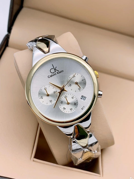 Multi Color Women's Chronographs Date Watch For Girl or Woman CK-15 Silver Dial Metal Strap- Gift