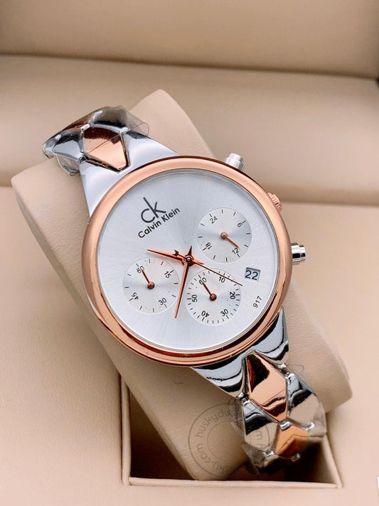 Multi Color Women's Chronographs Date Watch For Girl or Woman CK-13 White Dial Metal Strap- Gift