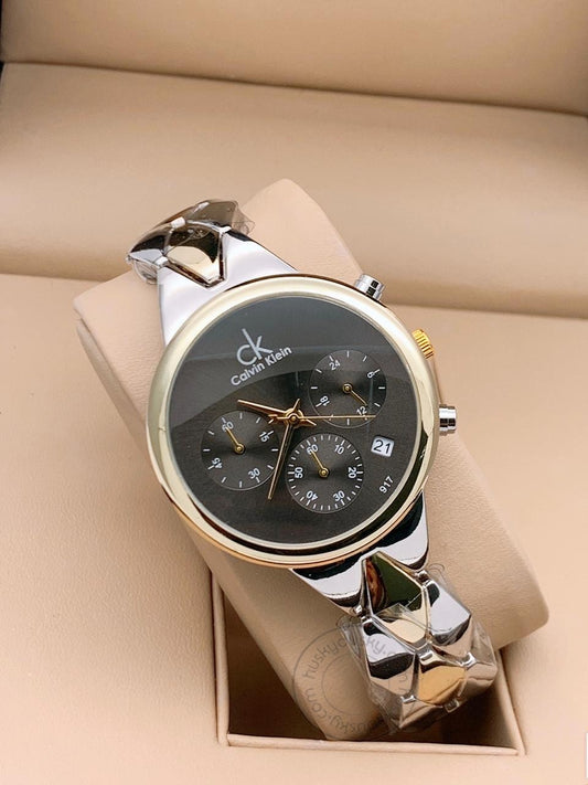 Multi Color Women's Chronographs Date Watch For Girl or Woman CK-14 Black Dial Metal Strap- Gift