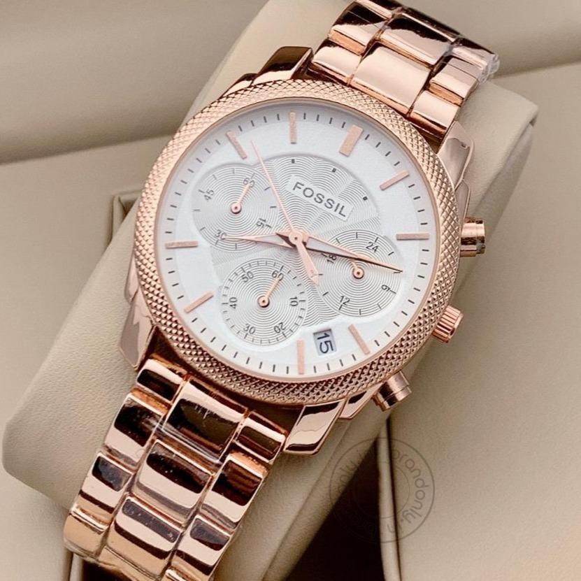 Branded Rose Gold Strap Chronograph Women's Watch Es-2520 For Woman Or Girl White Dial Date Gift Watch