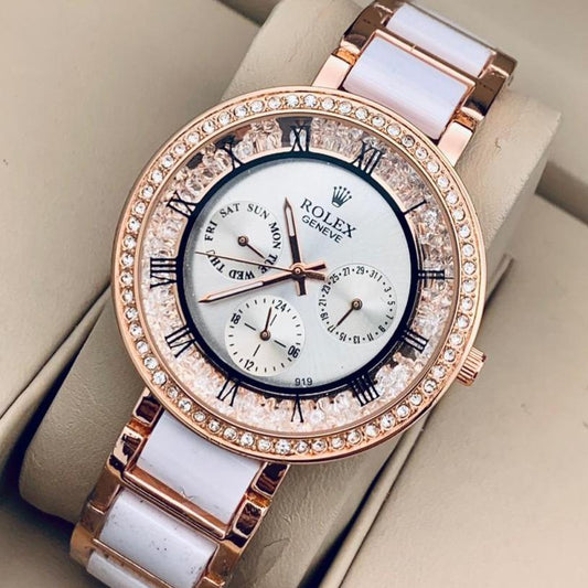 Two-Tone Strap Women's Chronograph RLX-250 Watch for Girl or Woman White Dial Diamond Case Best Gift For Women