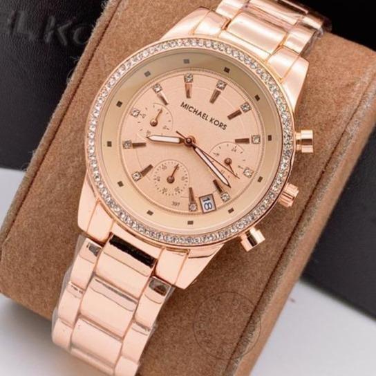 Two-Tone Starp Women's Chronograph Mk-2555 Watch For Girl Or Woman Rose Gold Dial Diamond Case Date Best Gift For Women