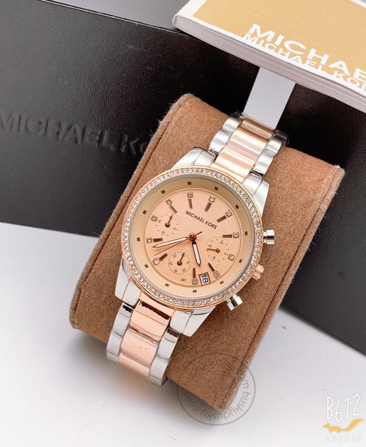 Two-Tone starp Women's Chronograph MK-2535 Watch for Girl or Woman Rose Gold Dial Diamond Case Date Best Gift For Women