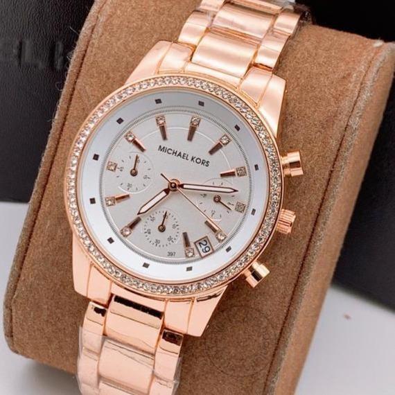 Two-Tone Starp Women's Chronograph Mk-2575 Watch For Girl Or Woman White Dial Diamond Case Date Best Gift For Women