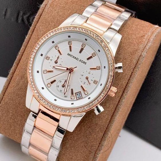 Two-Tone Starp Women's Chronograph Mk-2545 Watch For Girl Or Woman White Dial Diamond Case Date Best Gift For Women