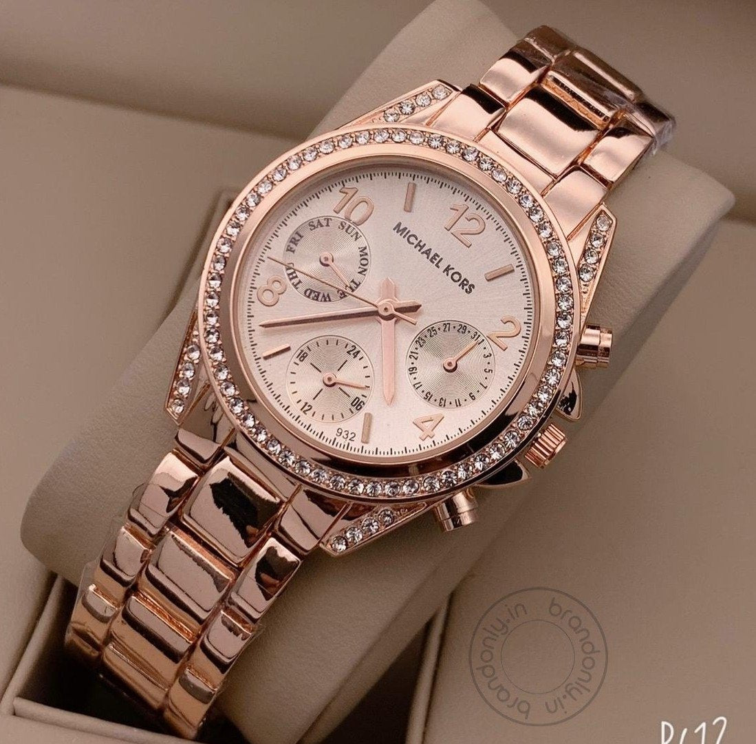 Rose Gold Starp Women's Chronograph Mk-3595 Watch For Girl Or Woman Rose Gold Dial Diamond Case Best Gift For Women