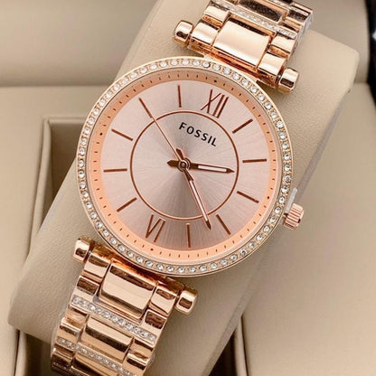 Rose Gold Metal Diamond Case&Strap Watch For Women's Es8030 Design Rose Gold Dial For Girl Or Woman Best Gift Date Watch