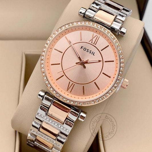 Multi Color Metal Diamond Case & Strap Watch For Women's Es8040 Design Rose Gold Dial For Girl Or Woman Best Gift Date Watch