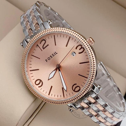 Branded Multi Color Strap Gold Ring Women's Watch Es-7070 For Woman Or Girl Rose Gold Dial Date Gift Watch