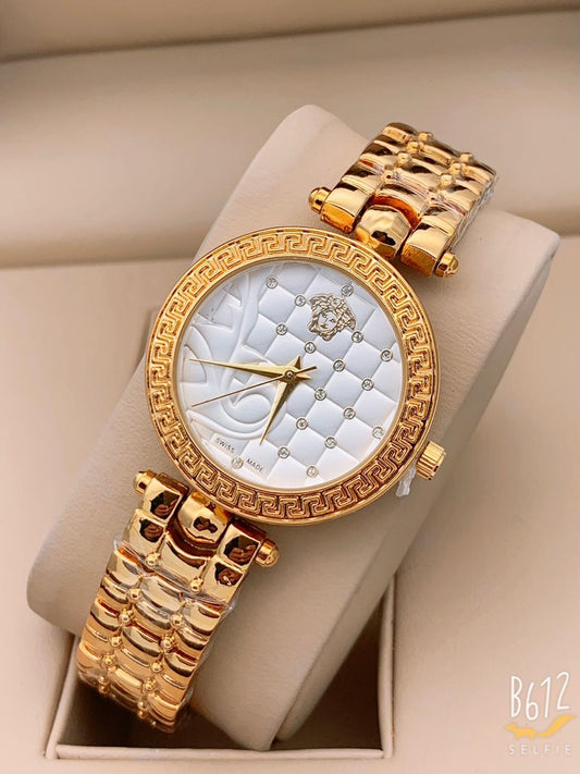 Golden New Stylish Branded Women's Watch For Women and Girls White Dial VER-331