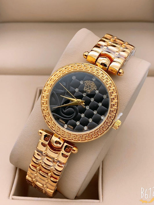 Golden New Stylish Branded Women's Watch For Women and Girls Black Dial VER-332