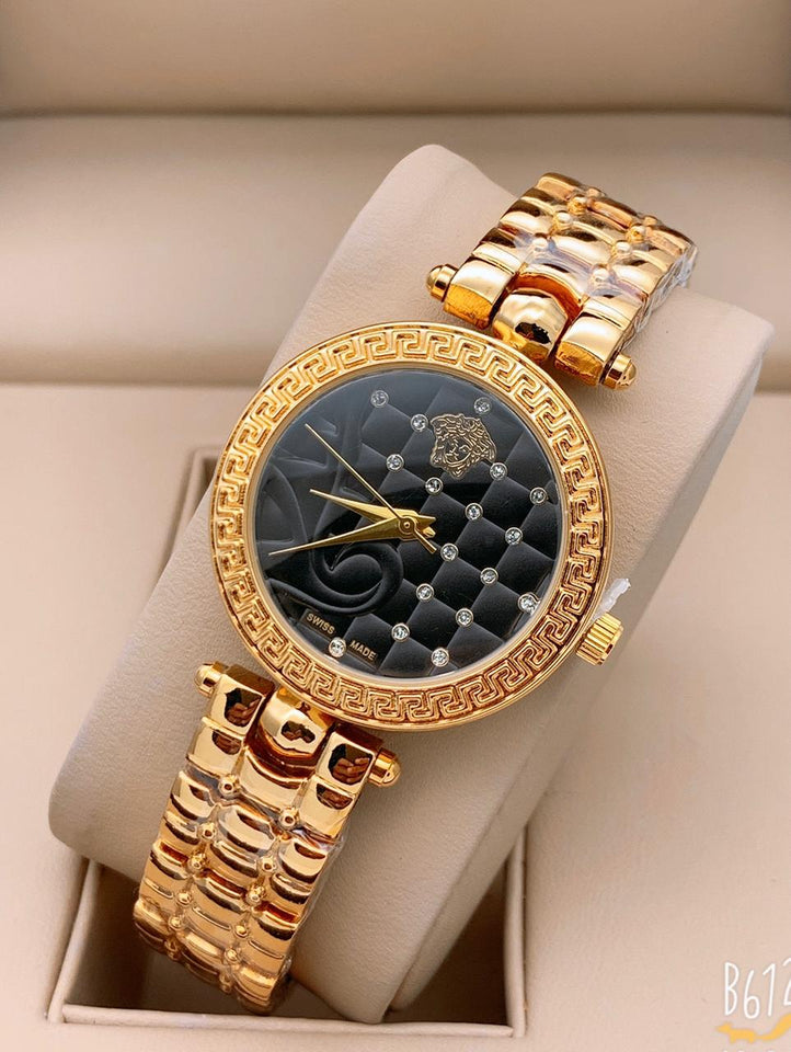 Golden New Stylish Branded Women's Watch For Women and Girls Black Dial VER-332