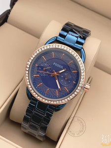 Blue Metal Diamond's Ring Women's Watch For Girl Or Woman Day And Date Blue Dial Es4259 - Gift