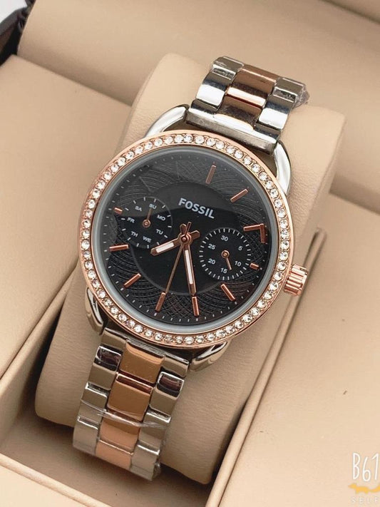 Rose Gold Silver Women's Es-437 Watch For Girl Or Woman Two Tone Black Dial - Best Gift For Women