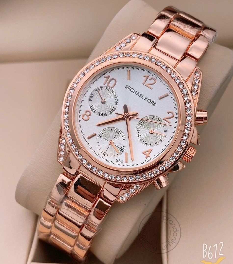 Rose Gold Starp Women's Chronograph Mk-3596 Watch For Girl Or Woman White Dial Diamond Case Best Gift For Women