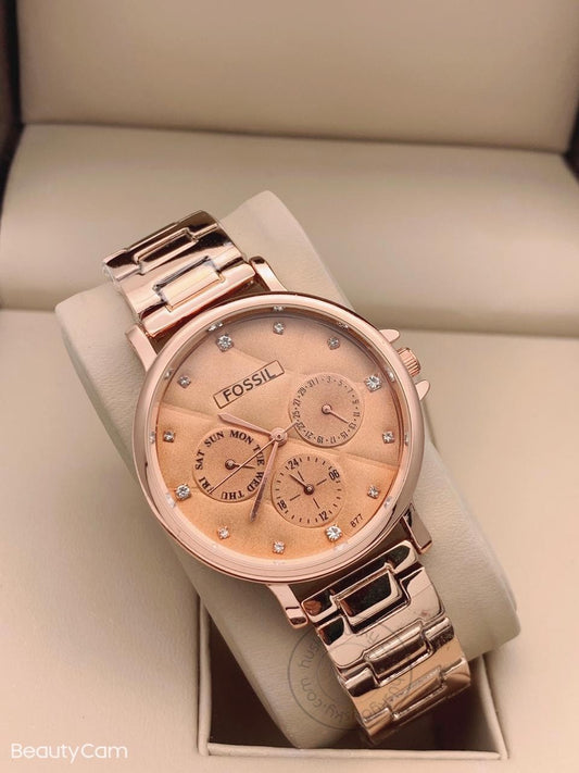 Branded Gold Strap Chronograph Women's Watch ES-4001 For Woman or Girl Gold Dial Gift Watch