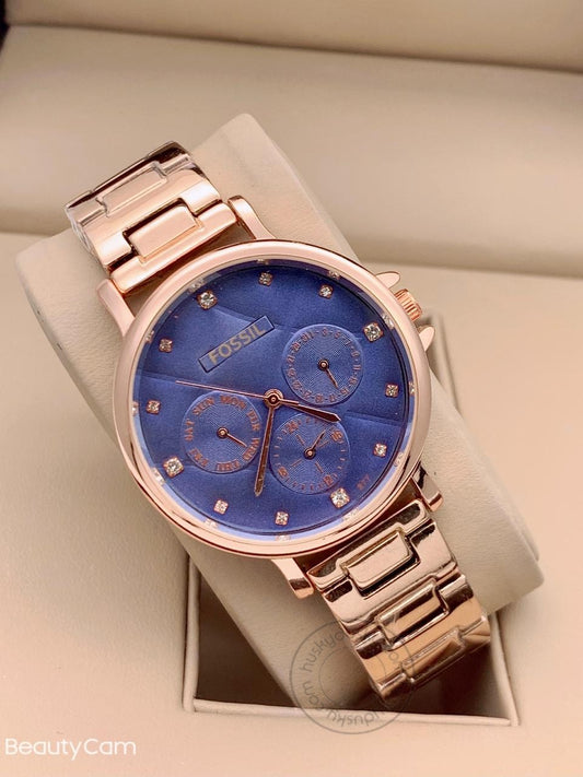 Branded Gold Strap Chronograph Women's Watch ES-4002 For Woman or Girl Purple Dial Gift Watch