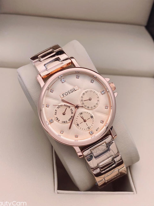 Branded Rose Gold Strap Chronograph Women's Watch ES-4000 For Woman or Girl Rose Gold Dial Gift Watch