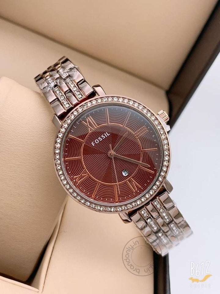 Brown Metal Diamond Case&Strap Watch For Women's Es3542 Design For Girl Or Woman Brown Dial Best Gift Date Watch