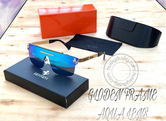 Latest Design Aqua Blue Color Glass Men's Women's For Man Woman or Girl FRR-020 Tansparent Frame & Golden stick Sunglass