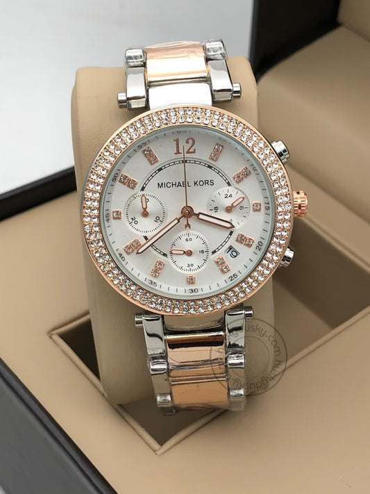 Two-Tone starp Women's Chronograph MK-2550 Watch for Girl or Woman Rose Gold White Dial Diamond Case Date Best Gift For Women