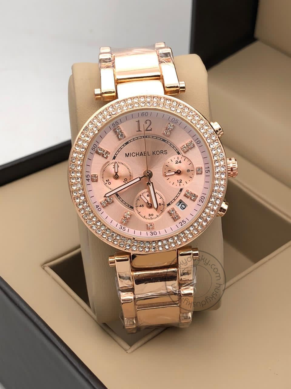 Gold Strap Women's Chronograph MK-2456 Watch for Girl or Woman Rose Gold Dial Diamond Case Date Best Gift For Women