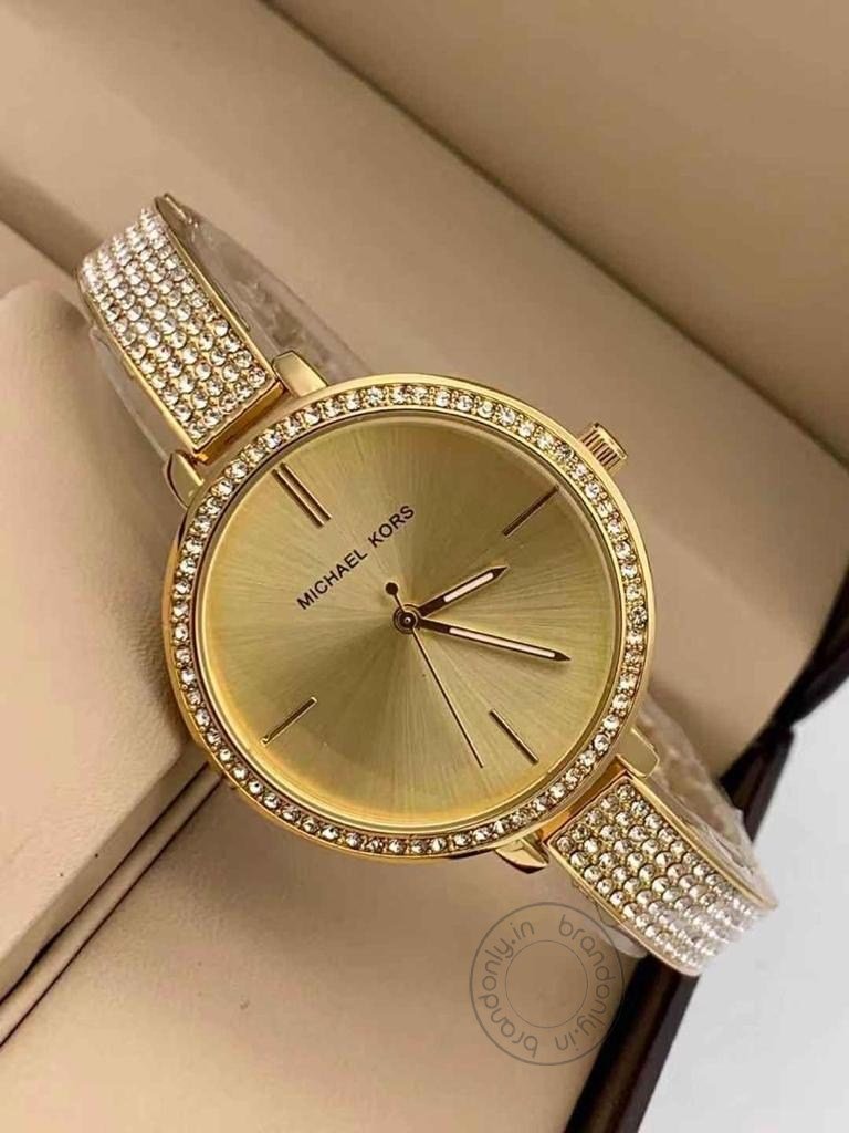 Womens Mk-2142 (Bangle) Watch For Girl Or Woman White Yellow Diamond Golden Strap