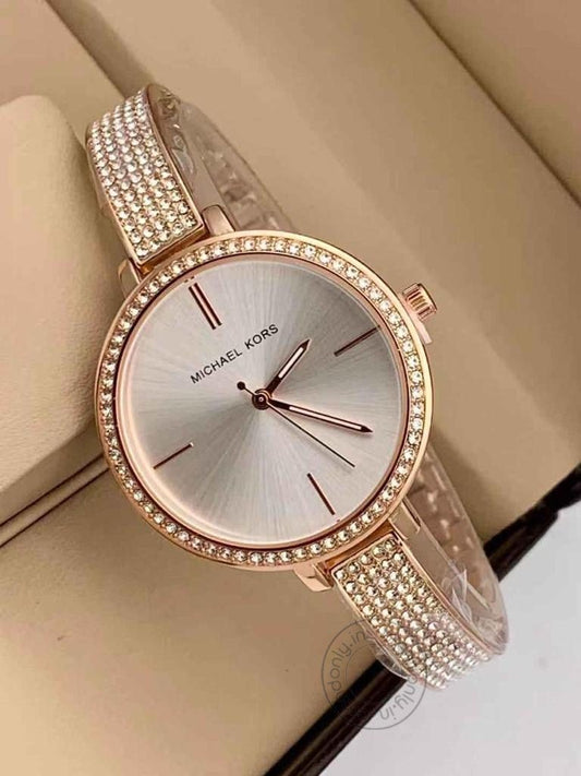 Womens Mk-2141 (Bangle) Watch For Girl Or Woman White Dial Diamond Rose Gold Strap