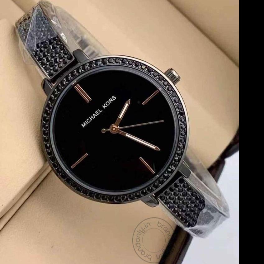 Black Womens Mk-2140 (Bangle) Watch For Girl Or Woman Black Dial Diamond