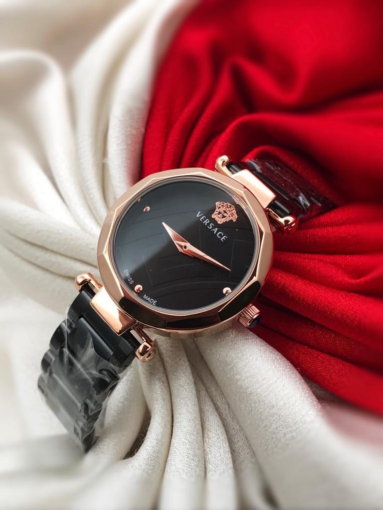 Black Strap New Stylish Branded Women's Watch For Women And Girls Black Dial Rose Gold case Ver-831