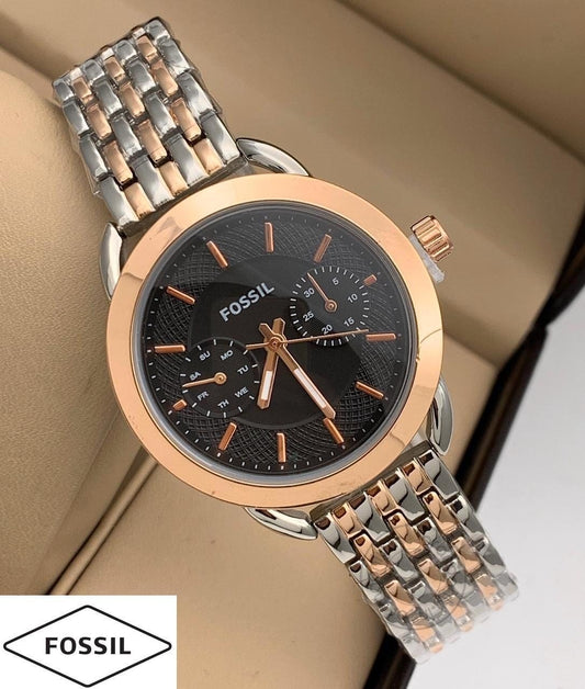 Rose Gold Silver Women's Es-812 Watch For Girl Or Woman Two Tone Black Dial - Best Gift For Women