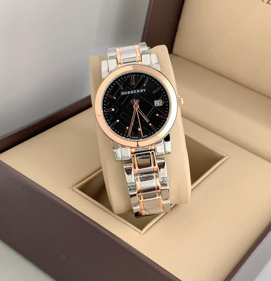 Women's BU-9047 Heritage Silver-plated With Rose Gold Case And Black Dial Dated Stainless Steel Swiss Rare 35mm Women Wrist Watch