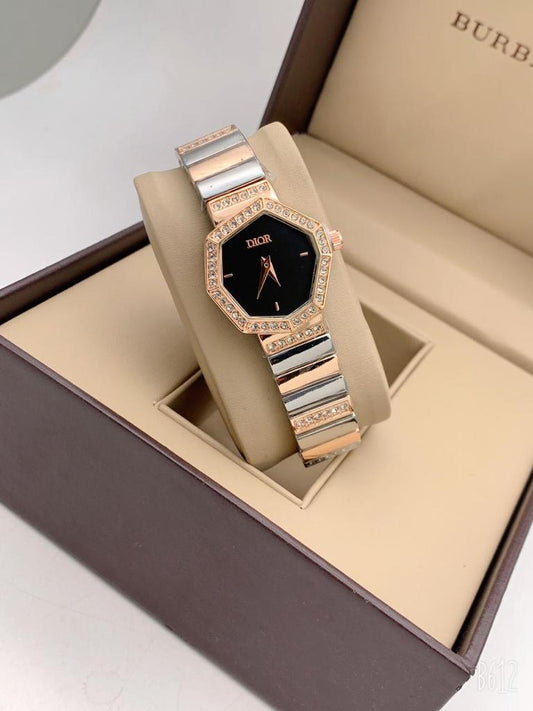 Designer Quartz Swiss made DR-201 Watch With Black Dial Rose Gold Cover Multicolor Strap And Braclet Design Watch for Women and Girls Vintage Collection- Best Gift