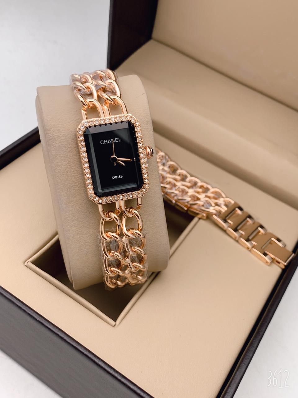 Rose Gold Color Double Chain Strap New Stylish Branded Black Dial Diamond Case Watch For Women And Girls-CH-206