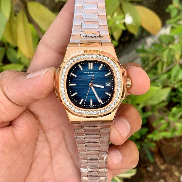 Patek Philippe Nautilus Diamond Bezel Blue Dial Rose Gold Strap Mad Watch Quartz Movement Dated Watch For Men's-Best Men's Collection PK-2133