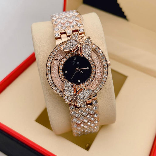 Designer Quartz Swiss made DR-891 Watch With Black Dial Rose Gold Diamand Cover Strap And Butterfly design Case Watch for Women and Girls Vintage Collection- Best Gift