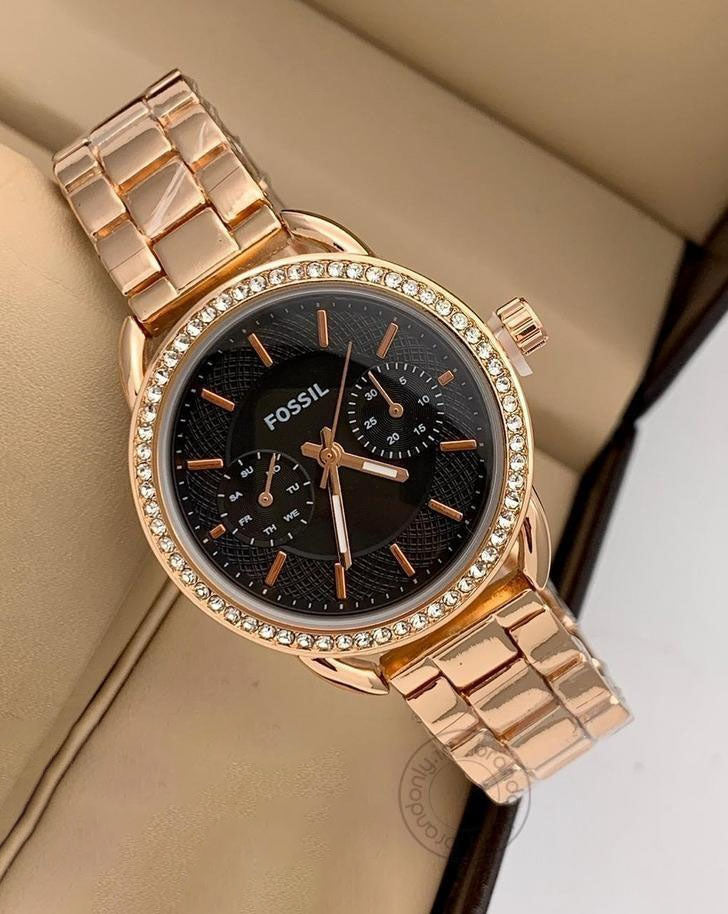 Rose Gold Women's Watch For Girl Or Woman Es-111 Black Dial Diamond Case With Day And Date - Best Gift For Women